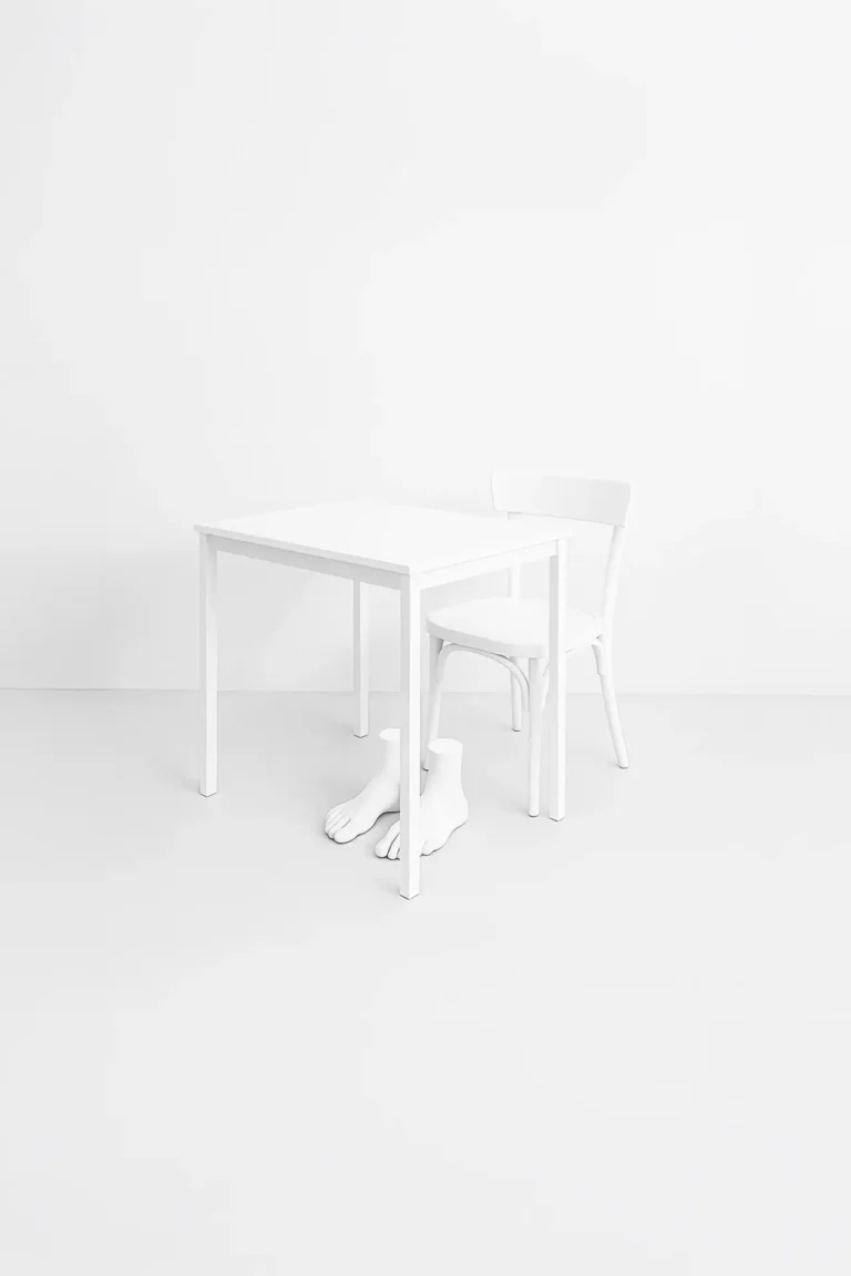 Table, a chair and a sculpture of feet.