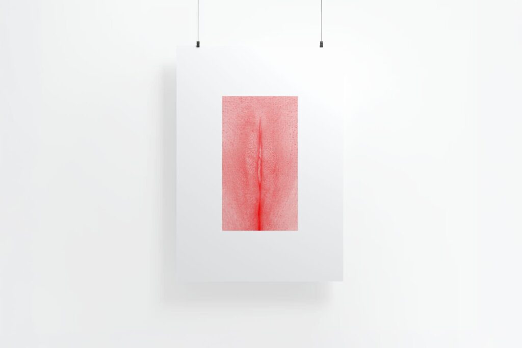 Red print of vulva hanging on the wall