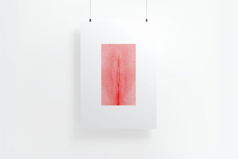 Red print of vulva hanging on the wall